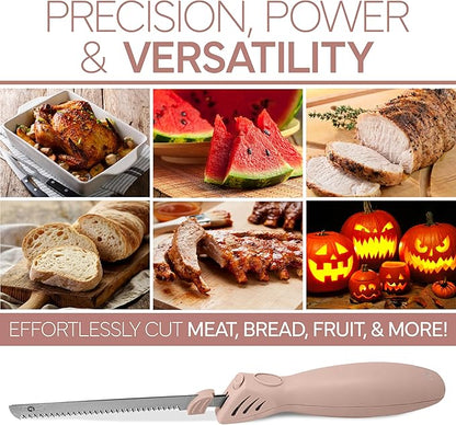 COOK WITH COLOR Electric Knife, 100W Power, Dual Stainless Steel Blades for Precise Cutting, Ergonomic Handle, Low Noise and Vibration, Ideal for Bread, Meat, and Vegetables, Blush