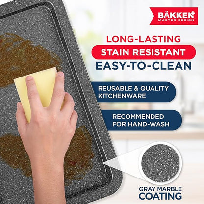 BAKKEN Kitchen Baking Pans - Nonstick Gray Coating, 13.18’’ × 8.66’’ Commercial Grade Carbon Steel Cookie Sheet, Baking Kitchen Essentials, PFOA, PFOS, PTFE Free, Oven Safe Tray (450° F), Gray Marble