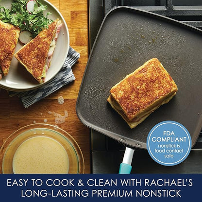 Rachael Ray Cucina Hard Anodized Nonstick Griddle Pan/Flat Grill, 11 Inch, Gray with Agave Blue Handle