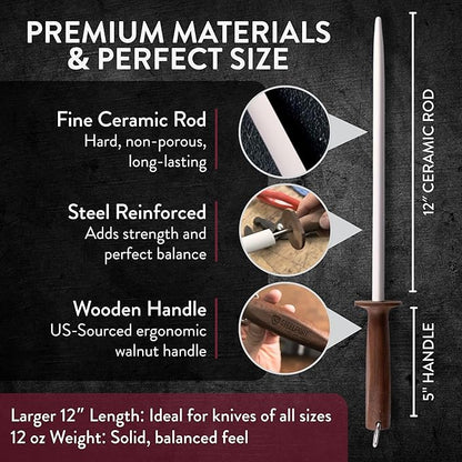 STEELPORT 12 inch Oval Ceramic Honing Rod | Professional Knife Sharpener Rod with Oregon Black Walnut Handle, Safety Guard | Premium Serrated Blade Sharpener For All Knife Types