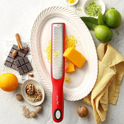 Spring Chef Premium Red Lemon Zester Grater with Handle - Fruit, Garlic, Citrus, Nutmeg, Orange Zester Tool - Heavy Duty Kitchen Shredder - Stainless Steel Ginger Grater with Blade Cover - Fine Shred