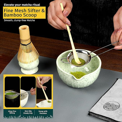 6 Pcs Matcha Whisk Set | Matcha kit with Mottled Green Bowl, Bamboo Whisk, Scoop, Sifter, Holder for whisk & Cleaning Cloth, Traditional Matcha Set in Magnetic Gift Box