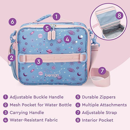 Bentgo Kids Lunch Bag - Durable, Double-Insulated Lunch Bag for Kids 3+; Holds Lunch Box, Water Bottle, & Snacks; Easy-Clean Water-Resistant Fabric & Multiple Zippered Pockets (Lavender Galaxy)