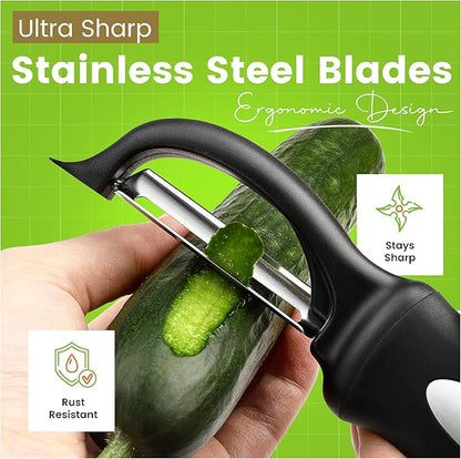 Spring Chef Stainless Steel Swivel, Y & Julienne Vegetable Peelers for Kitchen, Potato Peelers with Soft Grip Handles, Kitchen Utensils Set of 3 for Fruits, Veggies, Apple, Carrot, Cucumber - Black
