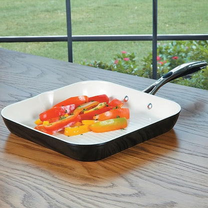 Tramontina Gourmet Ceramica Deluxe Aluminum Square Grill Pan, Non Stick Pan with Ceramic Interior, 11-inch, Metallic Black, Made in Italy