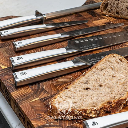 Dalstrong Knife Block Set - 8 Piece - Vanquish Series - Forged High Carbon German Steel - Kitchen Knife Set - Premium Wood Block - White POM Handle - NSF Certified