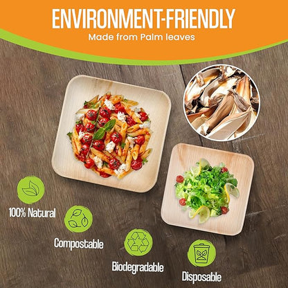 Raj Palm Leaf Plates Disposable Bamboo Plates 10 Inch & 7 Inch Square Bulk Party Pack (50 Pc) Compostable and Biodegradable - Better than Plastic & Paper Plate for Lunch, Birthday, Camping