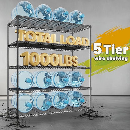 REIBII 45.5''W Storage Shelves Wire Shelving, 5 Tier Pantry Shelves for Storage Rack, Adjustable Metal Shelving for Pantry Kitchen Steel Shelving, 45.5" W x 71" H x 17.7" D