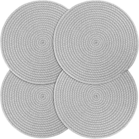 Billbotk Round Woven Placemats Set of 4, 13 Inches Table Place Mats for Dining Table, Hot Pads for Kitchen, Trivets for Hot Dishes, Pots and Pans,Tabletop Accessories(LightGray) ﻿