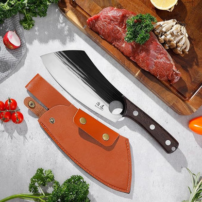 SHANGDAO 7.5" Chef Knife, Upgraded Serbian Chef Knife, Meat Cleaver Knife for Meat Cutting Forged Butcher Knife with Sheath Full Tang Kitchen Chopping Knife for Home, Outdoor Cooking, Camping