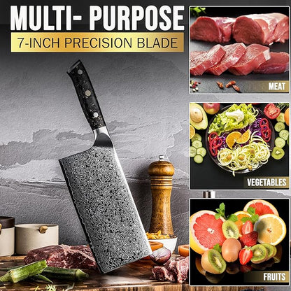 SliceElite Elite Series 7 Inch Meat Cleaver Knife Damascus VG10 Core Forged Carbon Fiber Handle Heavy Duty Chopper Sharp Kitchen Butcher Bone Cutter Vegetable Fruit Chef Tool Polymer Blade Guard Gift