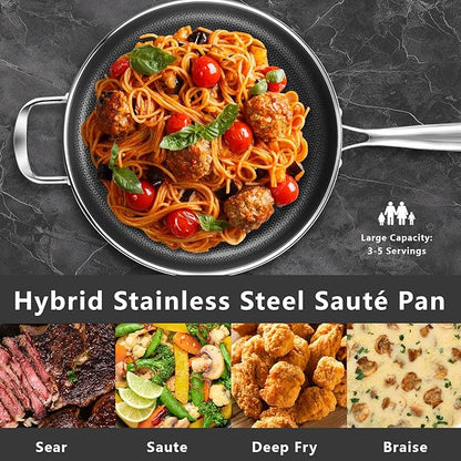12 Inch Frying Pan Nonstick with Lid, 5.6QT Hybrid Ceramic Deep Saute Pan & Skillet, Tri-Ply Stainless Steel for Even Heat, PFOA/PFOS Free, Induction & Oven Safe