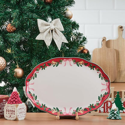 Bico Ribbon Christmas Scalloped 16 plus 14 inch Ceramic Oval Platters Set, Set of 2, Microwave & Dishwasher Safe, for Serving Fish, Chicken, Turkey