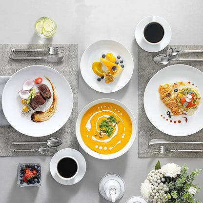 MALACASA 30-Piece Gourmet Porcelain Dinnerware Sets, Modern White Round Dish Set for 6 - Premium Serving Plates and Bowls Sets for Dessert, Salad, Soup, Pasta - Series AMELIA