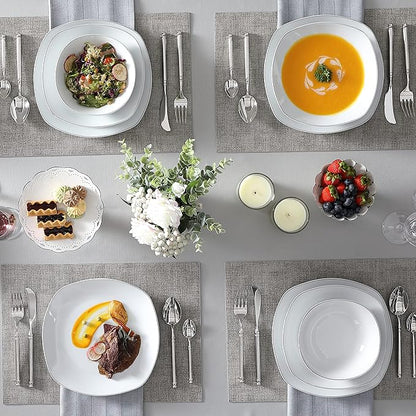 MALACASA Dinnerware Sets, 24 Piece Porcelain Square Dishes, White with Silver Rim Plates and Bowls Sets, Ceramic Dish Set for 6, Chip Resistant Dishware Sets, Series ELISA