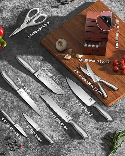 Kitchen Knife Block Set, Enduring Sharpness Premium Knife Set with Block, 14 Pcs Japanese High Carbon Stainless Steel Knives Set for Kitchen, Chef Knife Set with Block and Built in Sharpener