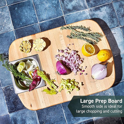 HexClad Hybrid Beechwood Carving and Cutting Board with Stainless Steel Drip Tray, Carrying Handle, and Juice Trenches, Double-Sided