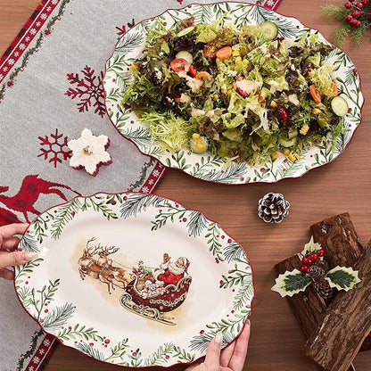 Bico Santa On The Way 16 plus 14 inch Scalloped Oval Platters Set, Set of 2, Microwave and Dishwasher Safe, for Serving Fish, Chicken, Turkey