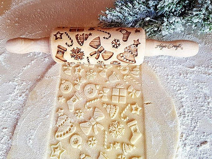 CHRISTMAS 3 Mini Embossed Rolling Pin Set Wooden Laser Engraved Textured rolling pins with Snowflakes, Elks, Christmas Trees and Gifts for Cookies by Algis Crafts