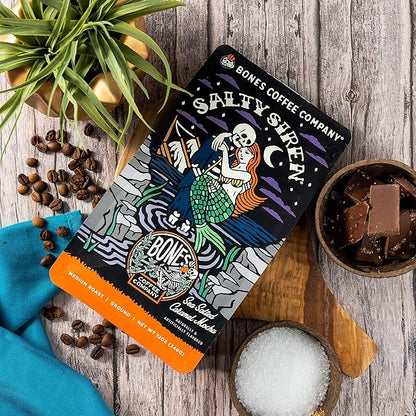 Bones Coffee Company Salty Siren, Sea Saled Caramel Chocolate Flavored Coffee, Medium Roast Low Acid Arabica Beans Compatible with Auto drip and French Press Coffee Maker, 12 Oz Whole Bean