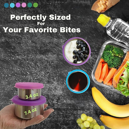 12-Piece Stainless Steel Snack Dip Condiment Containers Set | 3 x 7.4 oz and 3 x 3.4 oz with Silicone Lids | Reusable Leakproof Food Storage Containers for Lunch Meal Prep and Travel