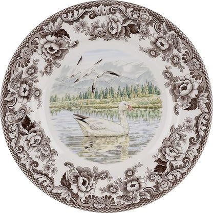 Spode Woodland Snow Goose Dinner Plate - 10.5 Inch Fine Earthenware with British Flowers Border, Microwave, Freezer, Dishwasher & Warm Oven Safe - Hunting-Themed Thanksgiving Plate, Made in England