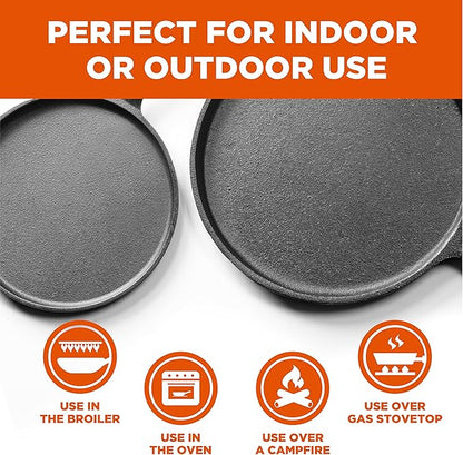 Commercial CHEF Round Cast Iron Griddle Pan 3-Piece Set – 8-inch, 10-inch, and 12-inch - Pre-seasoned Griddle Cast Iron Cookware