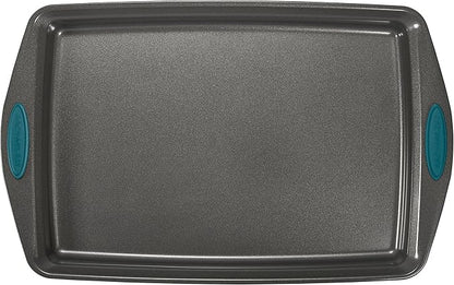 Rachael Ray Nonstick Bakeware Set with Grips includes Nonstick Bread / Baking Pans, Cookie / Baking Sheet and Cake Pans - 10 Piece, Gray with marine blue grips