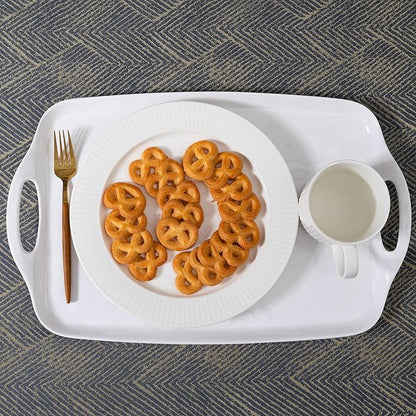 Large Serving Tray with Handles,19”x12” Large Rectangular Melamine Serving Platters Set of 2, Kitchen Food and BBQ ServingTray,Dishwasher Safe, Bright White