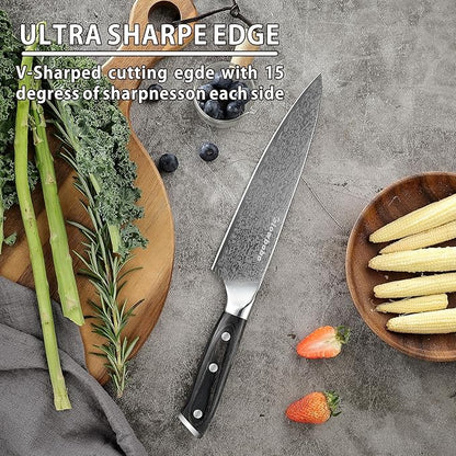 8 Inch Chef Knife 5Cr15MoV High Carbon Steel Professional Kitchen Knife Razor Sharp Blade with Non Slip natural colorwood Handle and Gift Box Blade Guard Finger Guard Sharpener Included