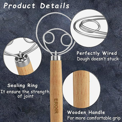 EROIR Danish Dough Whisk and Bread Lame Set - 13 Inch Dutch Bread Whisk - Bread Lame Dough Scoring Tool with 10 Razor Sharp Blades and Leather Cover