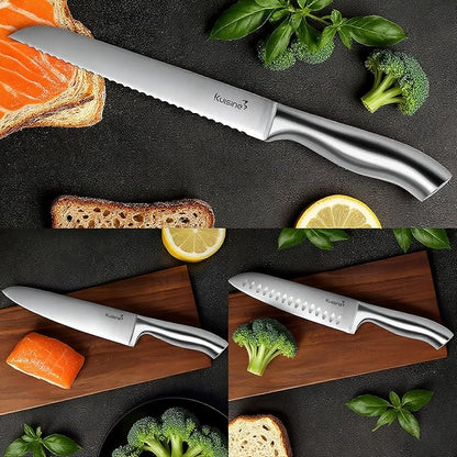 Kuisine Chef Knife Set Upgraded One Piece Molding Ultra Sharp Blade Ergonomic Handle,Kitchen Knife Block Set with Built-in Sharpener(Silver Acacia,15PCS)