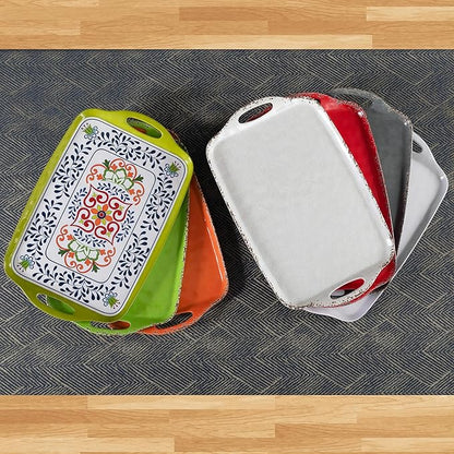 Large Serving Tray with Handles,19”x12” Large Rectangular Melamine Serving Platters Set of 2, Kitchen Food and BBQ ServingTray,Dishwasher Safe, Bright White